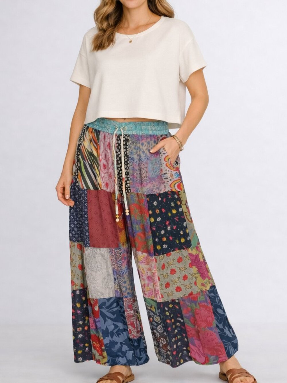 Young Threads Boho Patchwork Wide‑Leg Palazzo Pants XL NWT  Drawstring Pockets